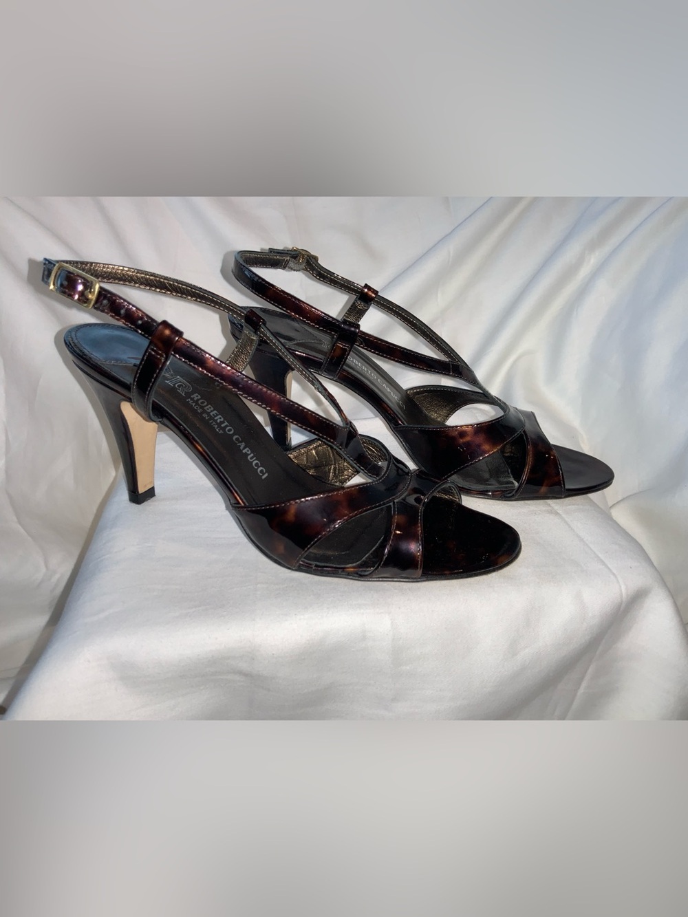ROBERTO CAPUCCI Sandals, Brown Tortoise Patent Leather, Sz 8B